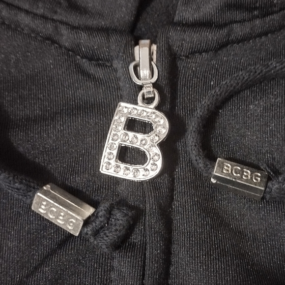 BCBG Hoodie +Black, Silver Bling & logo, ZipUp, B medallion, leather Looking,XL - Picture 10 of 11